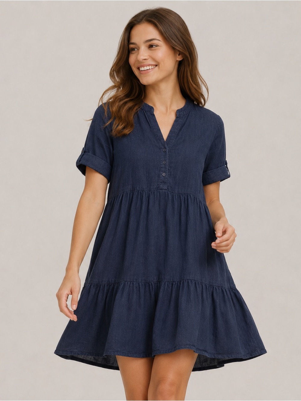 Bellambia 100% Linen Tiered Dress Blue Size Large | Flowy Button Sleeve Summer